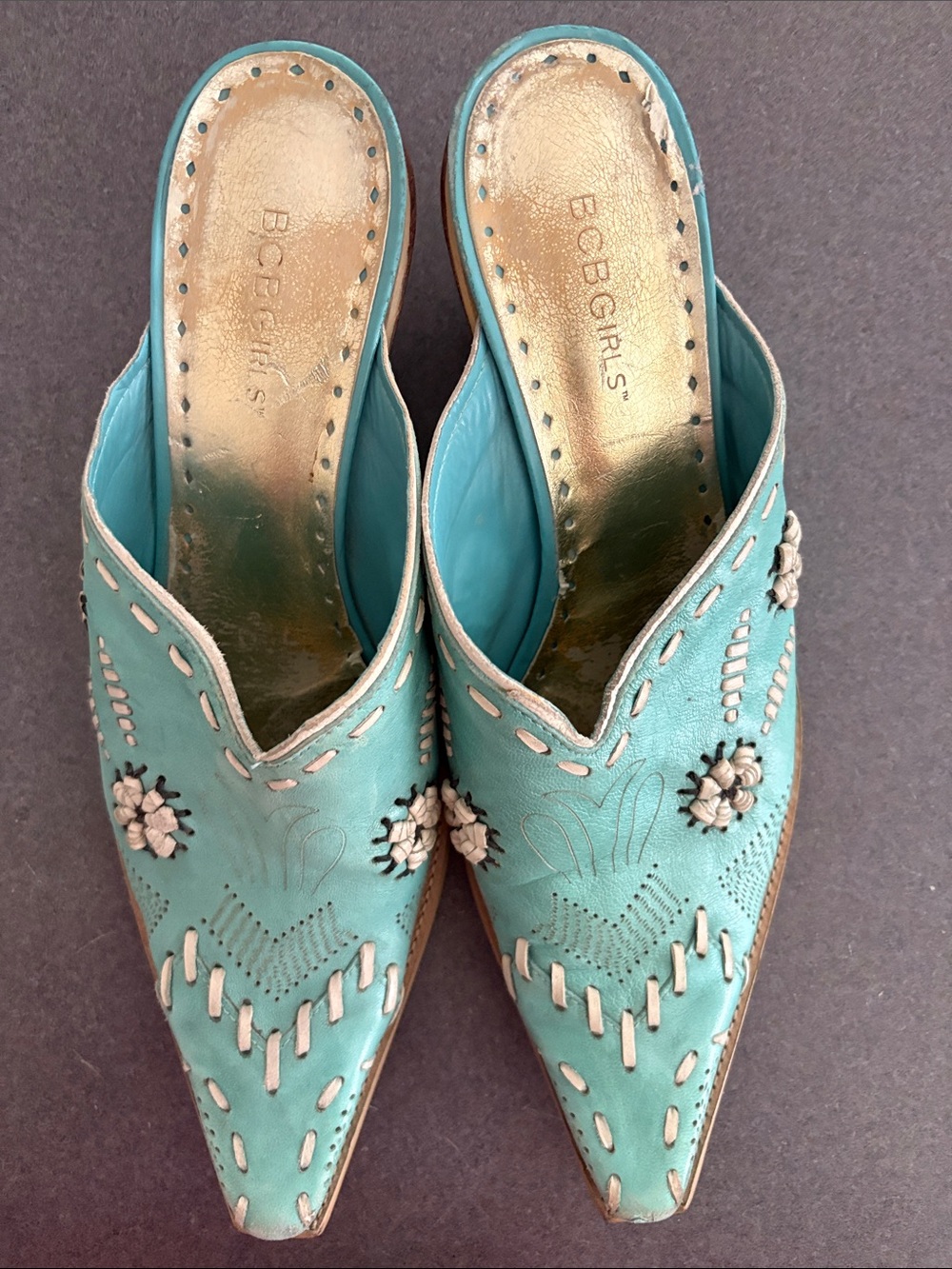 BCBGirls Teal Floral Embroidered Pointed Mules